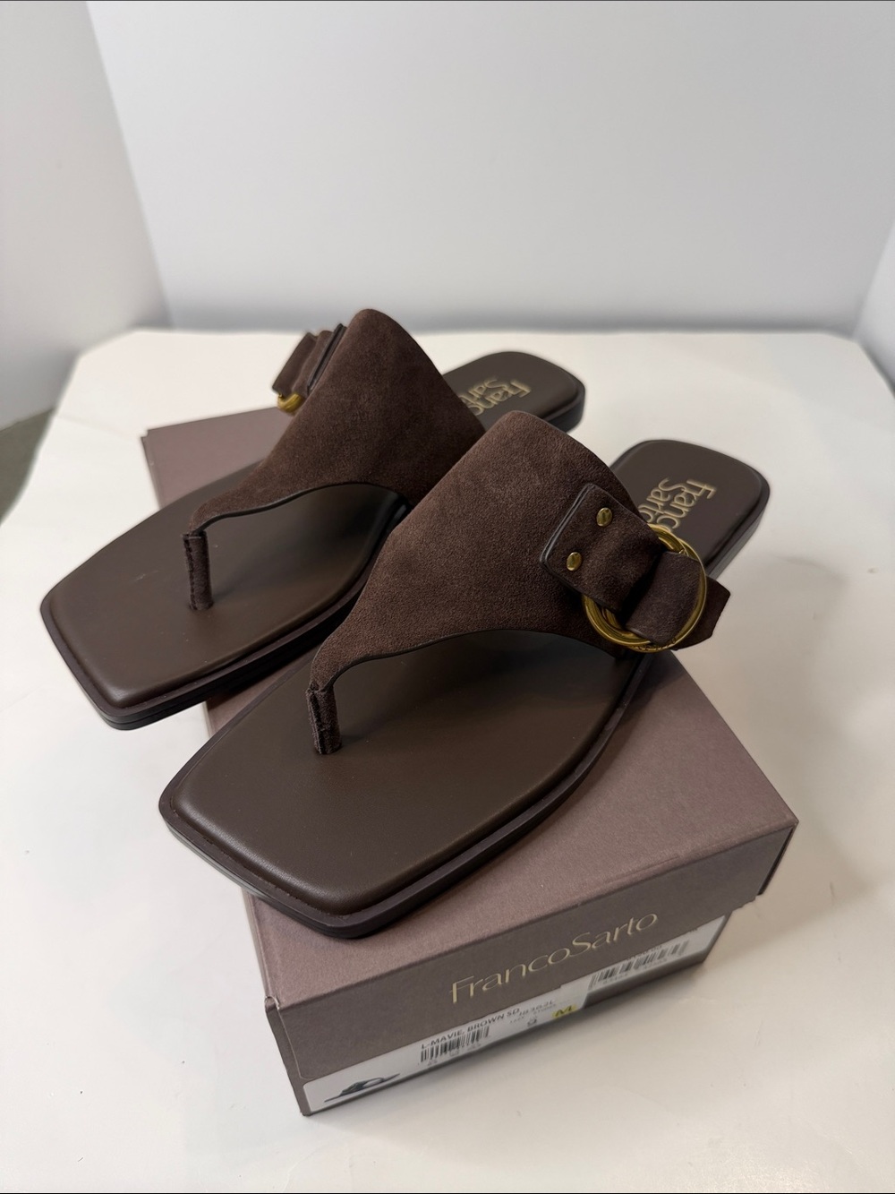 Franco Sarto, New in Box, Size 9 Dark Brown Suede Buckle Thong Sandals